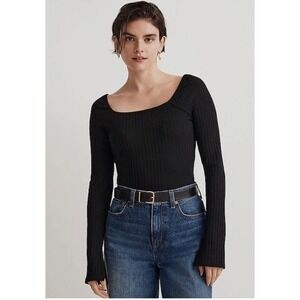 Madewell Ribbed Square Neck Long Sleeve Tee Black NN265 Womens L NWT
